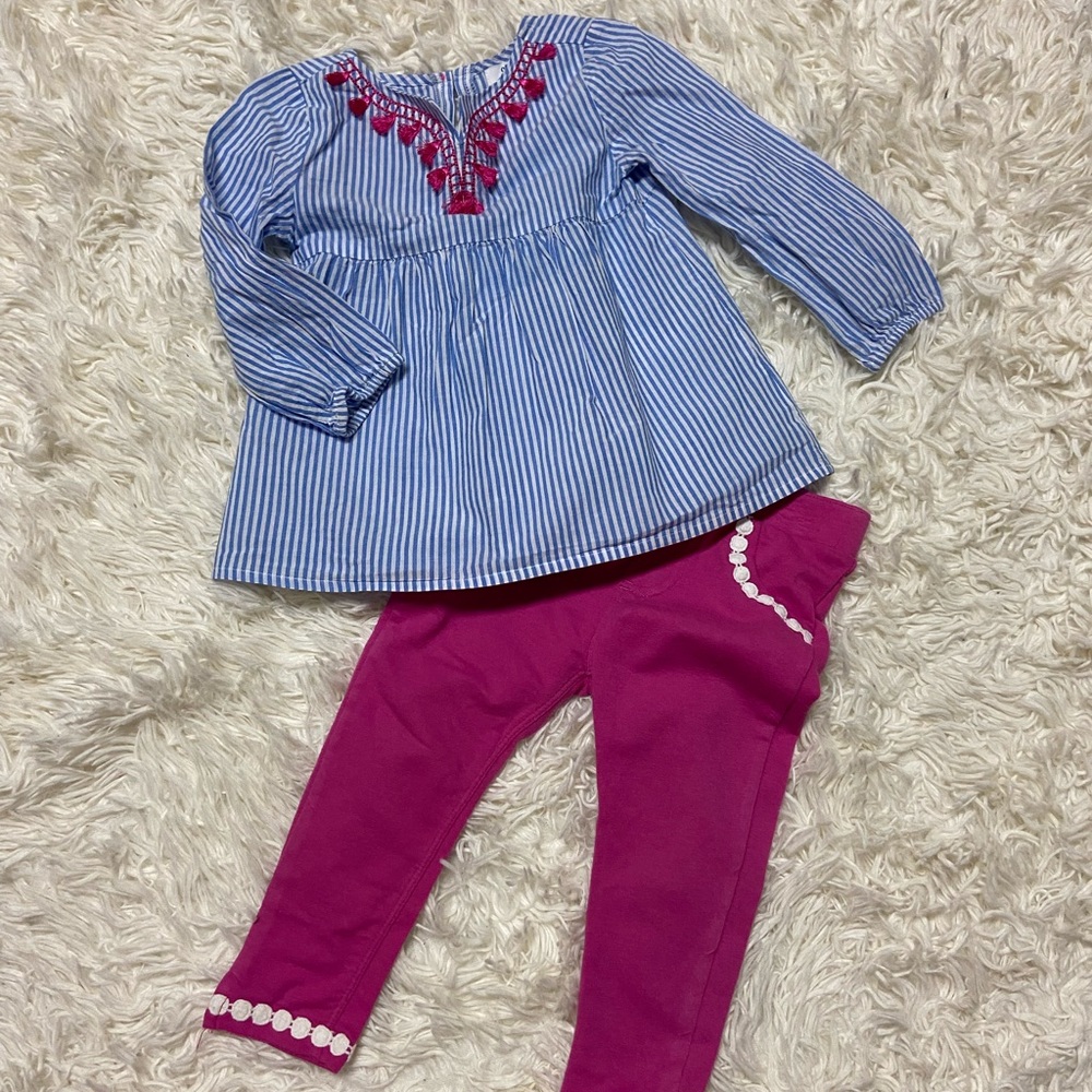 Crown & Ivy Toddler Girl 2T Top /Pant Set Blue Striped Pink Pants Fringe